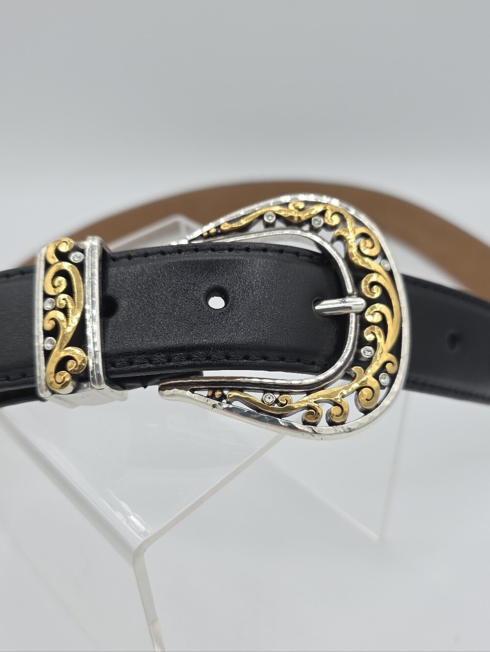 Brighton B60293 Black Leather Belt Retired Two Tone Scroll Buckle Size 38 - Picture 10 of 11